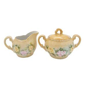 Vintage Hand Painted Floral Cream and Sugar Dishes: Artist Signed